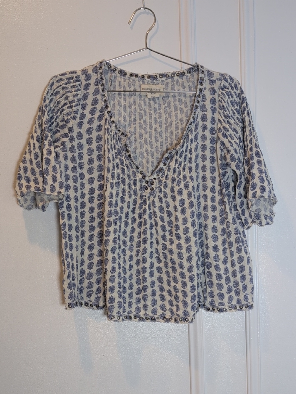 Denim & Supply Ralph Lauren White Blouse with Blue Leaf Print